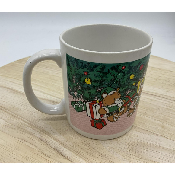 Vintage Christmas Teddy Bears Tree Ceramic Mug Holiday Coffee Cup Xmas 80s Cute - Picture 1 of 6